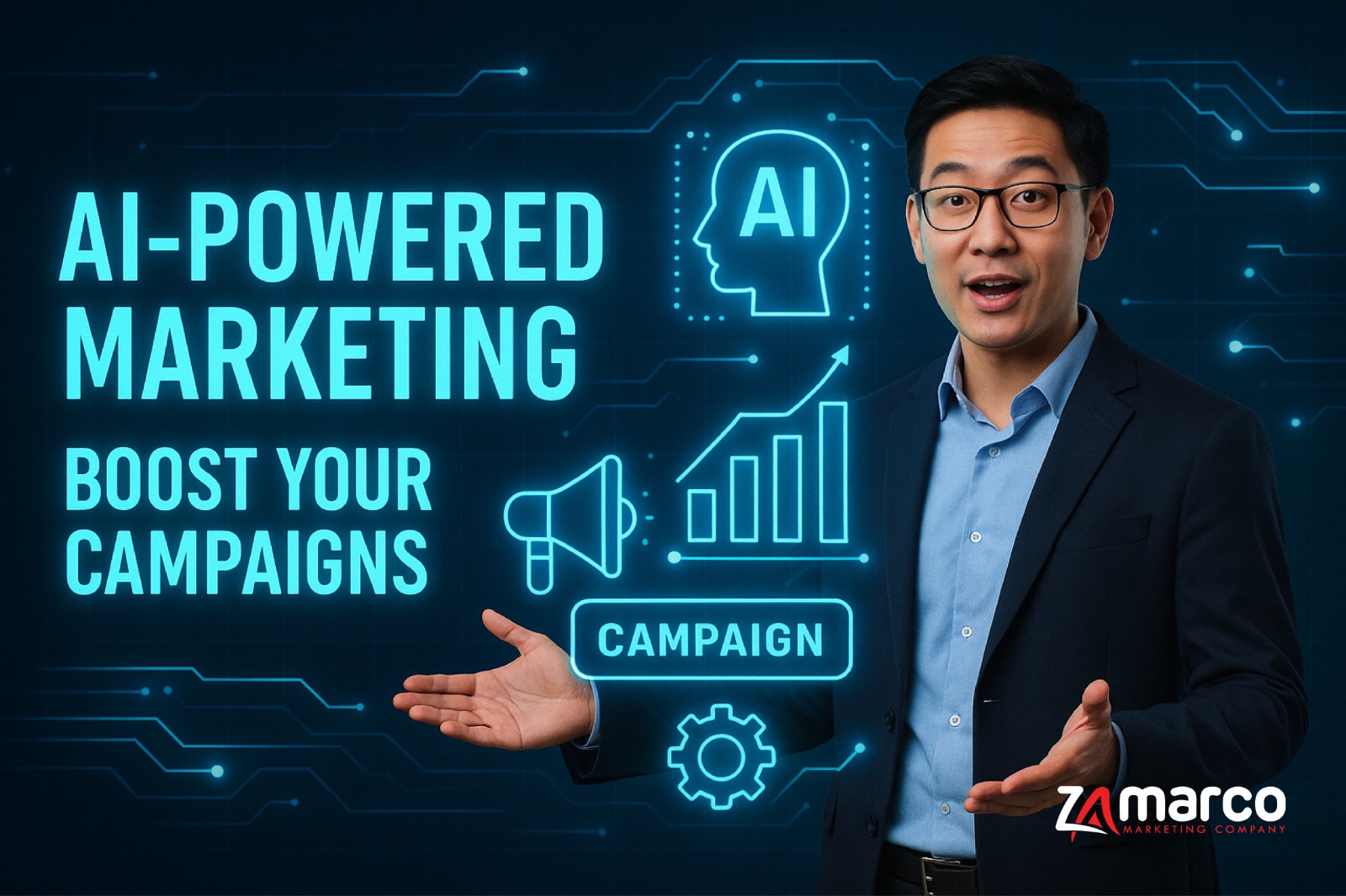 AI-powered marketing concept with businessman presenting data-driven insights, campaign optimization, and artificial intelligence tools for predicting consumer behaviour and personalized marketing AI.