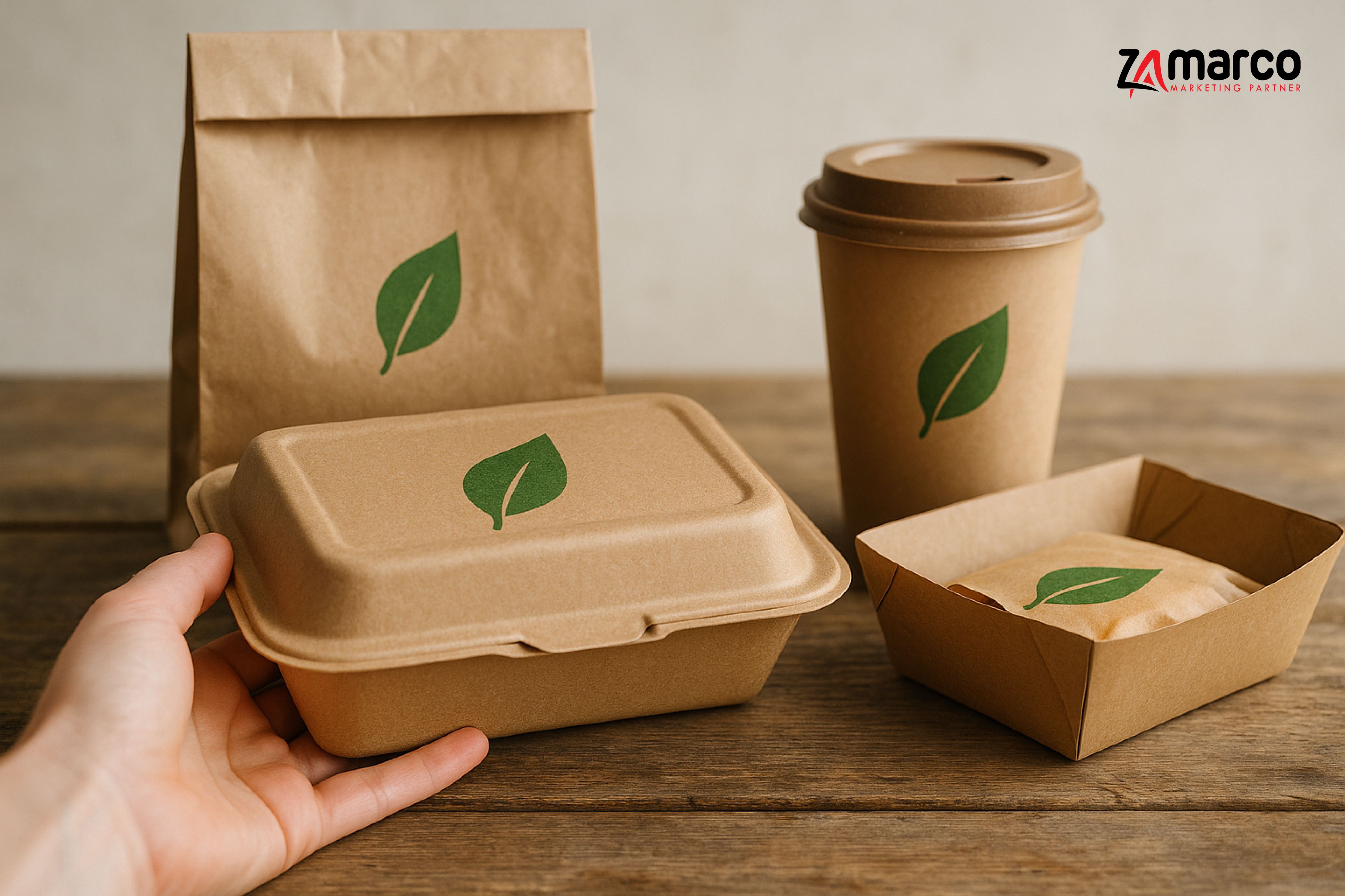 Eco-friendly packages for food showcasing sustainability in F&B marketing and brand storytelling.
