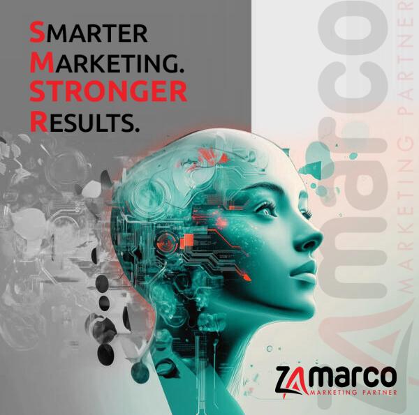 Futuristic AI-inspired illustration of a human head with digital circuits, paired with the text ‘Smarter Marketing. Stronger Results.’ and Zamarco Marketing Partner branding.