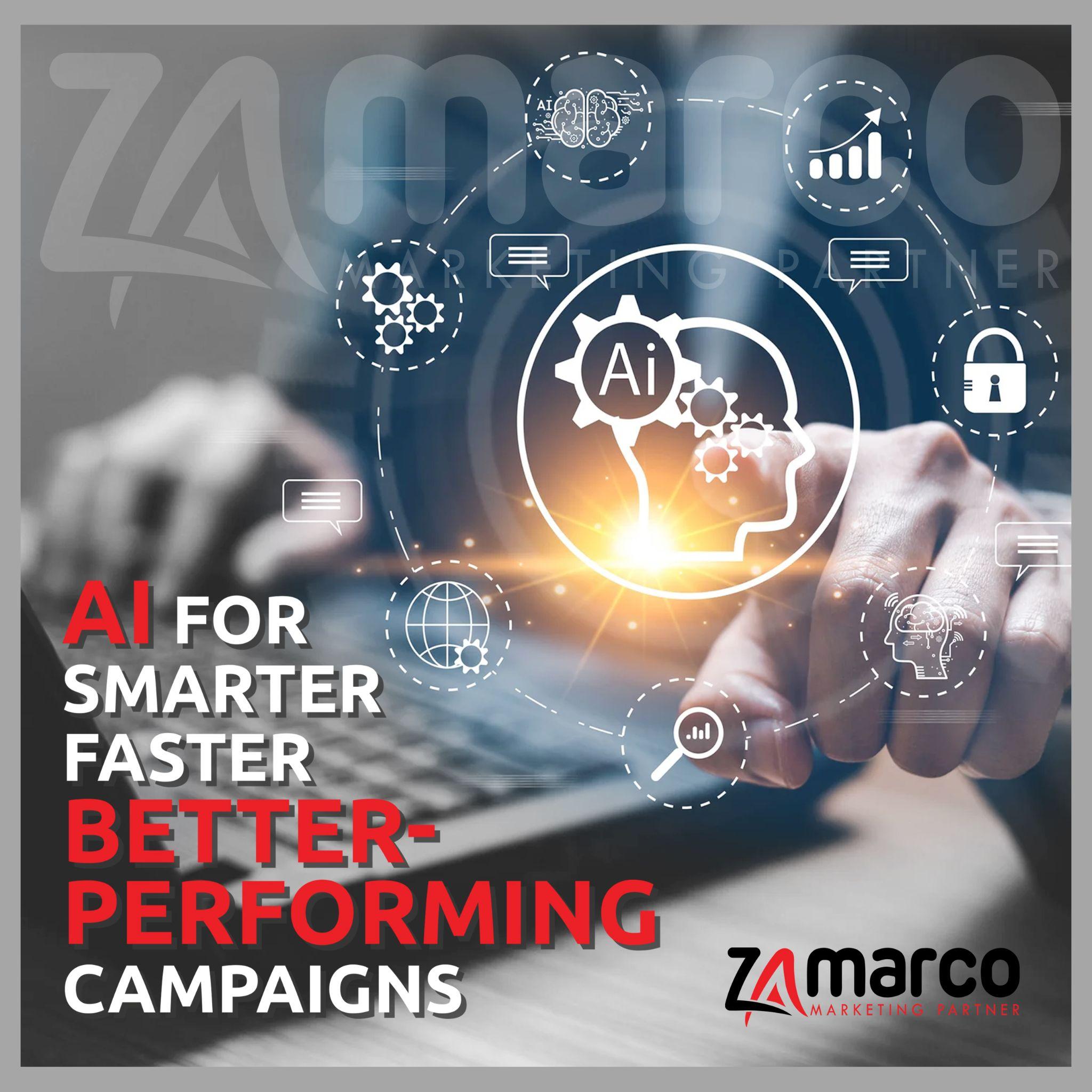 Digital marketing graphic with AI icons surrounding a human head illustration, highlighting the message ‘AI for Smarter, Faster, Better-Performing Campaigns’ with Zamarco Marketing Partner branding.