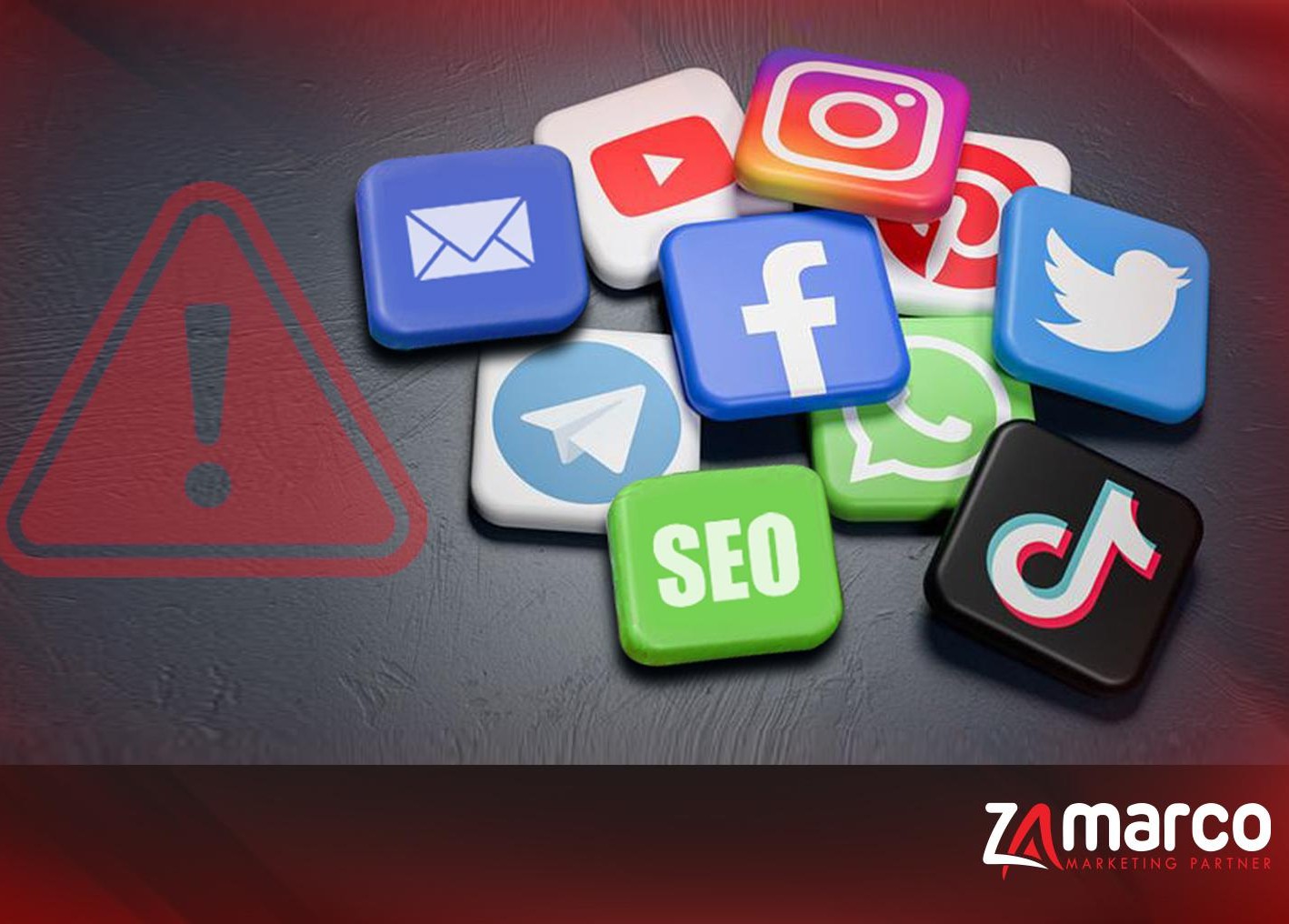 3D social media icons (Instagram, Facebook, Twitter, TikTok, SEO, and others) with a warning symbol, representing common digital marketing mistakes small businesses make. Zamarco Marketing Partner branding included.