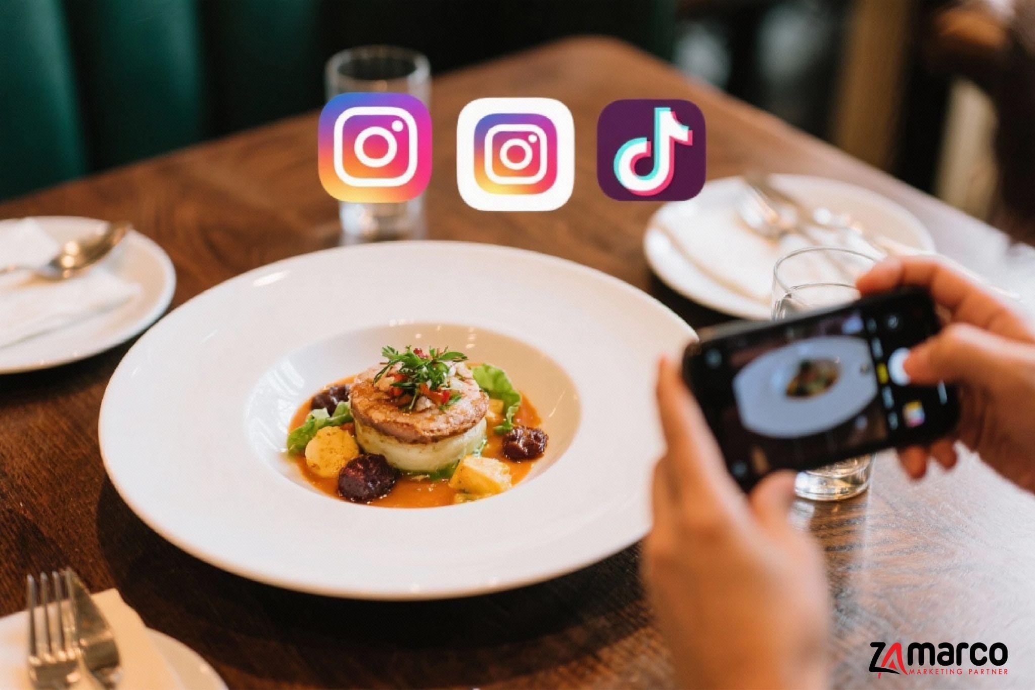 Food styling and plating photographed for social media with Instagram and TikTok icons, showing how plating marketing boosts brand perception and customer engagement for restaurants.
