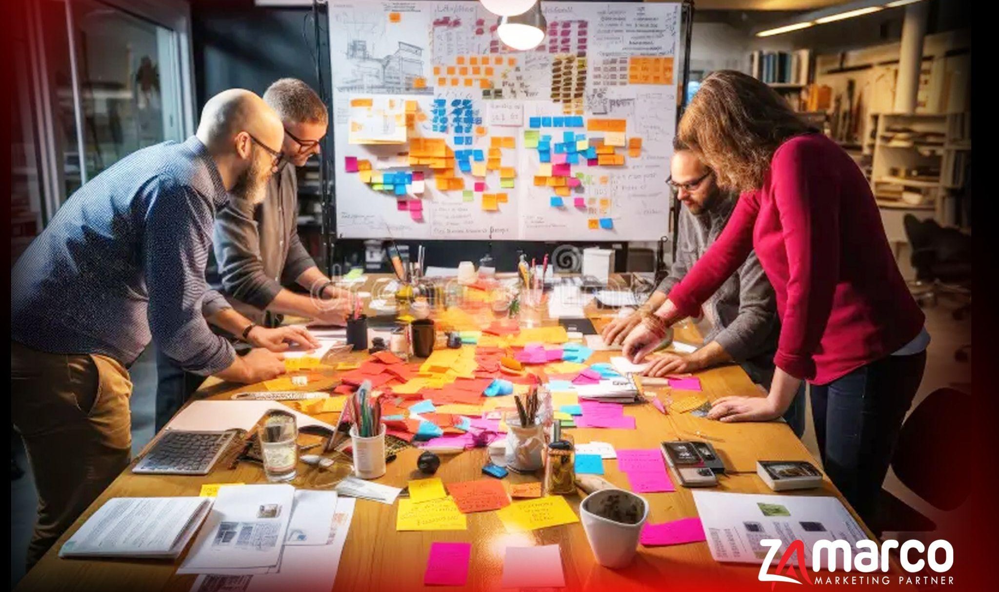 Marketing team collaborating in a strategy workshop with sticky notes on a board, symbolizing brainstorming customer research, buyer personas, and competitor analysis for small business marketing. Zamarco branding included.