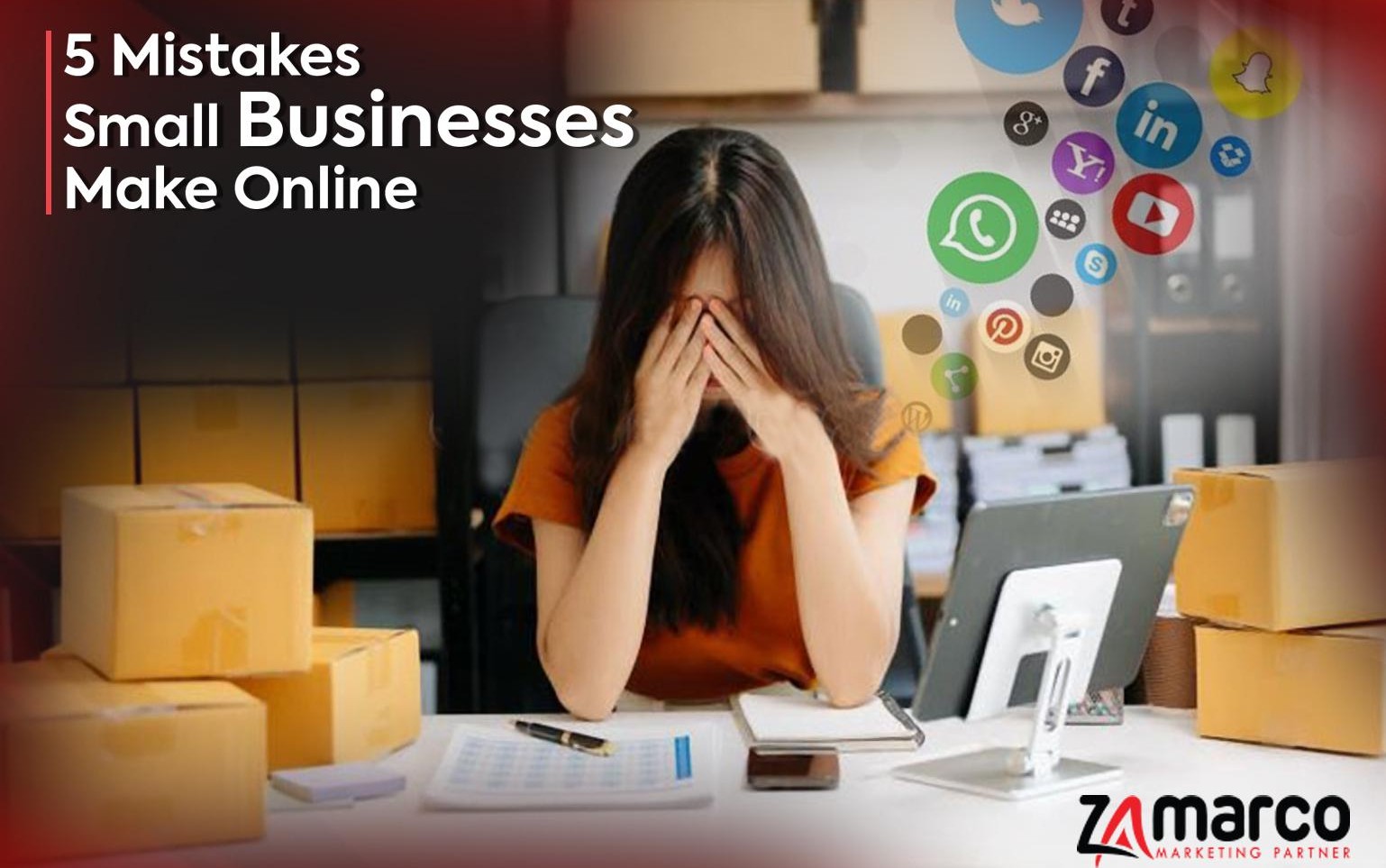 Small business owner overwhelmed by multiple digital marketing platforms, symbolizing common marketing mistakes.