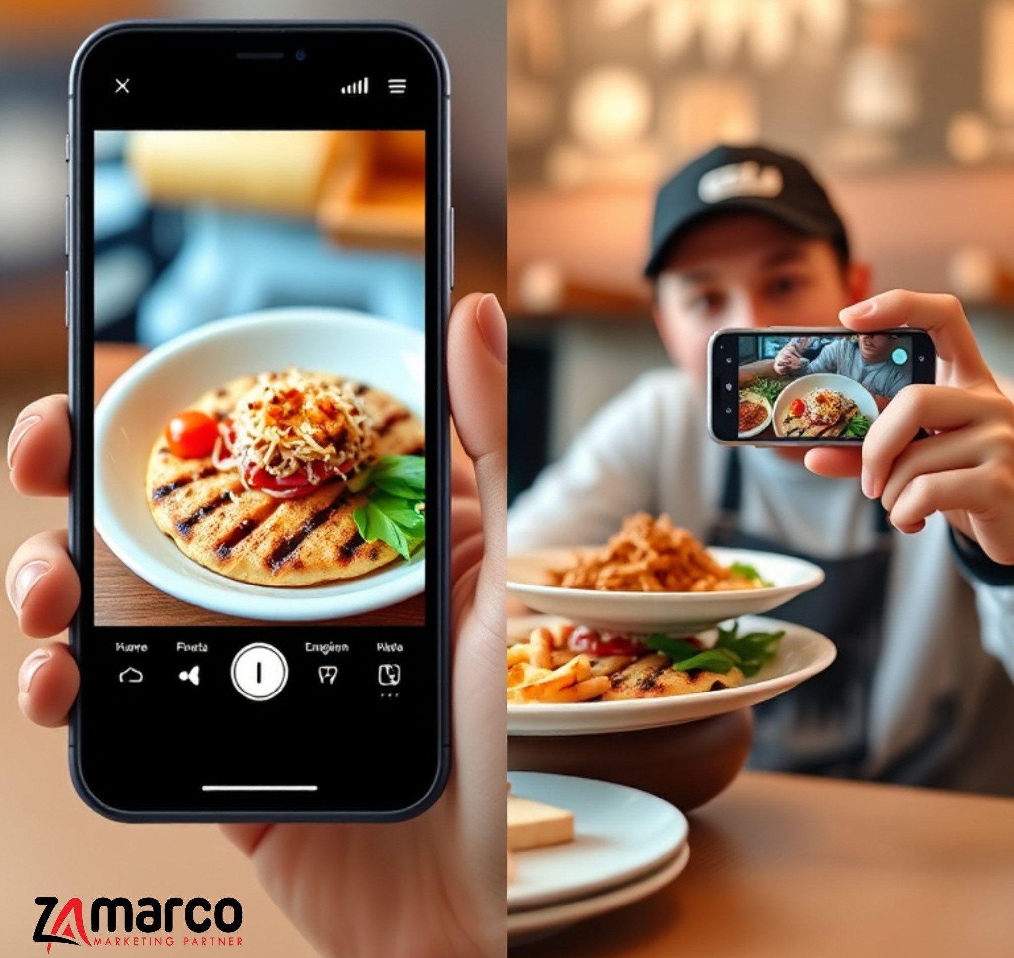 Customer capturing a styled restaurant dish on a smartphone, representing food plating marketing strategy, UGC content marketing, and building restaurant brand image online.